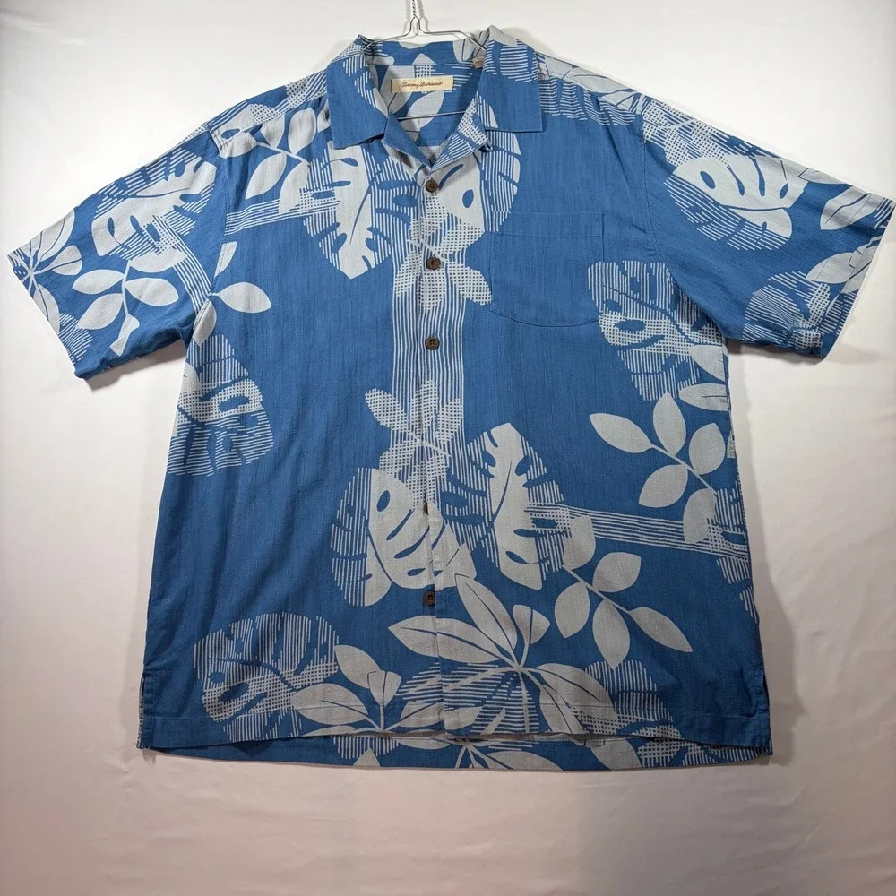 Tommy Bahama Mens Large Blue 100% Silk Tropical Monstera Leaf Camp Shirt L